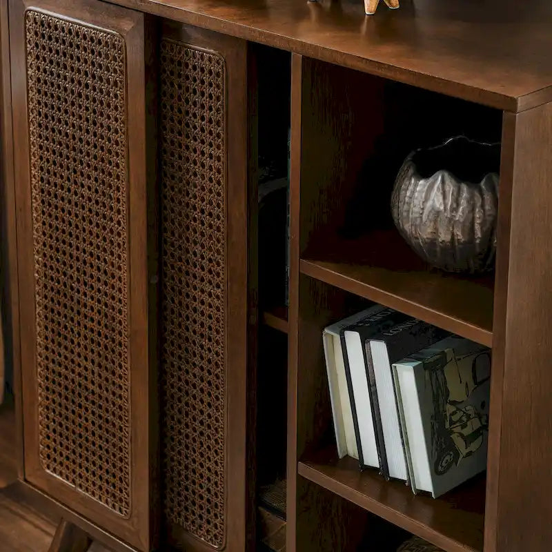 Buffet Bahut Rotin Moderne Milieu de Siècle, Buffet, Étagère Réglable & Pieds en Bois Massif & Portes de Placard en Rotin