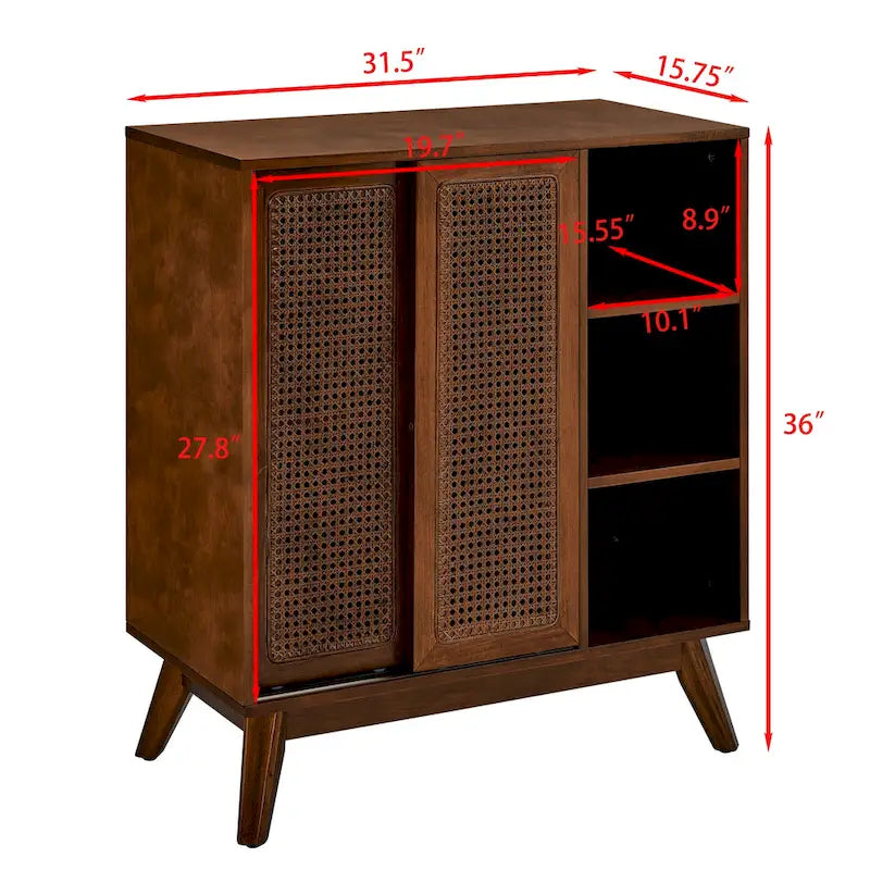 Buffet Bahut Rotin Moderne Milieu de Siècle, Buffet, Étagère Réglable & Pieds en Bois Massif & Portes de Placard en Rotin