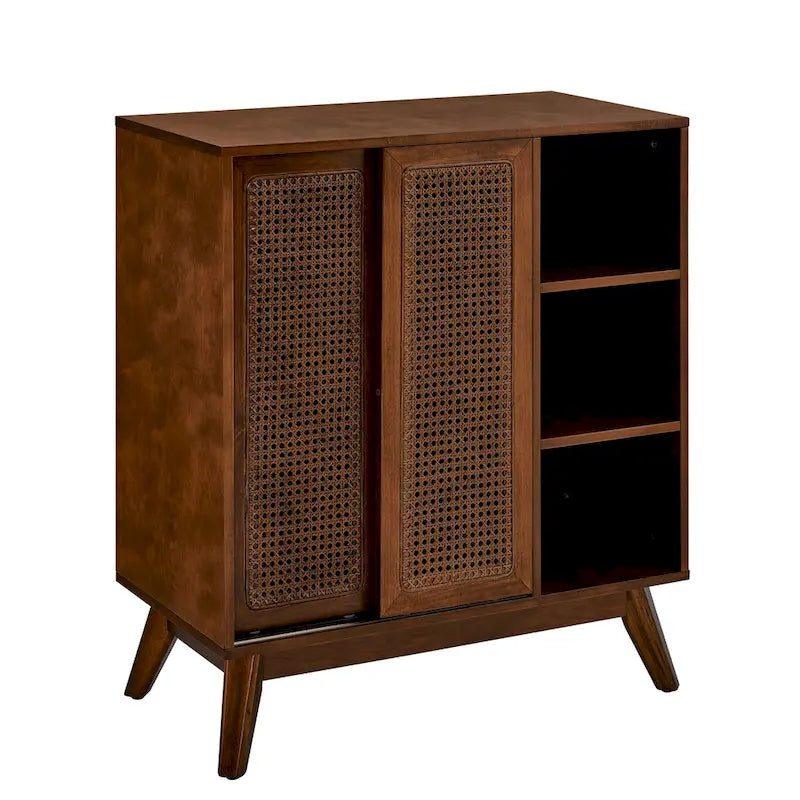 Buffet Bahut Rotin Moderne Milieu de Siècle, Buffet, Étagère Réglable & Pieds en Bois Massif & Portes de Placard en Rotin