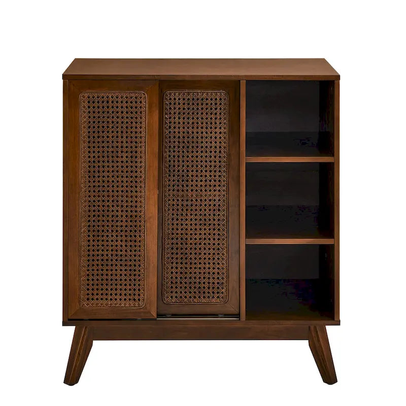 Buffet Bahut Rotin Moderne Milieu de Siècle, Buffet, Étagère Réglable & Pieds en Bois Massif & Portes de Placard en Rotin