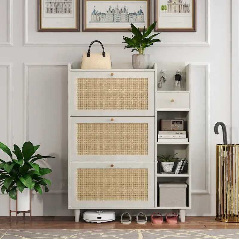 Bohemia Style Shoe Cabinet, Shoe Rack Cabinet with 3 Rattan Flip Drawers,3 Square Shelves and 1 Storage Drawer