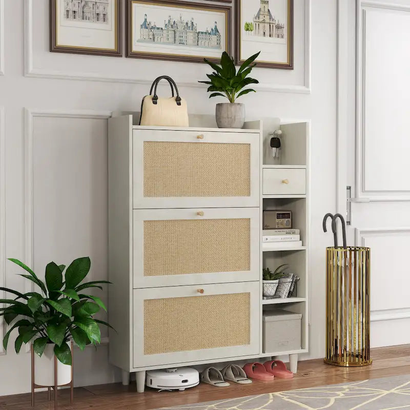 Meuble à chaussures de style bohème, armoire à chaussures avec 3 tiroirs basculants en rotin, 3 étagères carrées et 1 tiroir de rangement