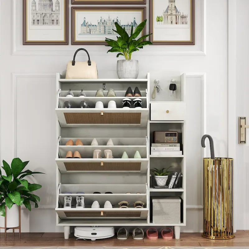 Meuble à chaussures de style bohème, armoire à chaussures avec 3 tiroirs basculants en rotin, 3 étagères carrées et 1 tiroir de rangement