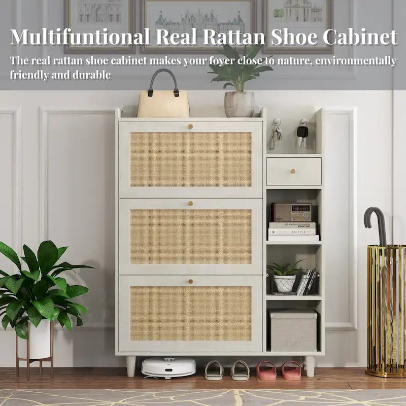 Meuble à chaussures de style bohème, armoire à chaussures avec 3 tiroirs basculants en rotin, 3 étagères carrées et 1 tiroir de rangement