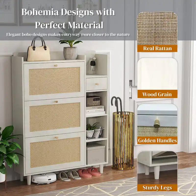 Meuble à chaussures de style bohème, armoire à chaussures avec 3 tiroirs basculants en rotin, 3 étagères carrées et 1 tiroir de rangement