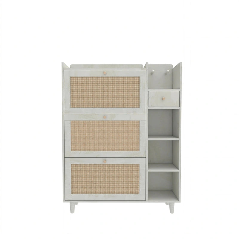 Meuble à chaussures de style bohème, armoire à chaussures avec 3 tiroirs basculants en rotin, 3 étagères carrées et 1 tiroir de rangement