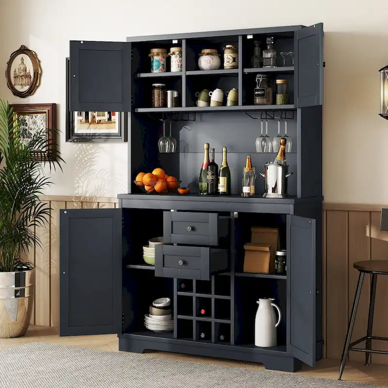 Meuble de bar à café avec tiroirs, garde-manger de cuisine autoportant avec étagères et armoires, buffet avec porte-verres