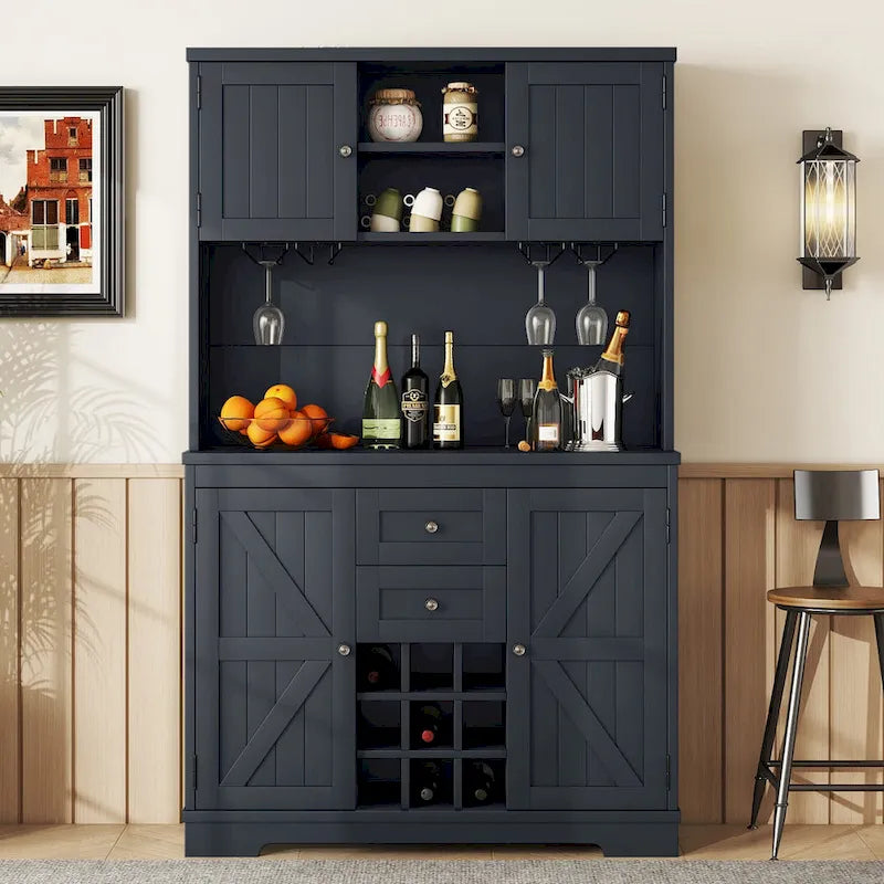 Meuble de bar à café avec tiroirs, garde-manger de cuisine autoportant avec étagères et armoires, buffet avec porte-verres