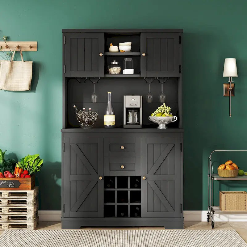 Meuble de bar à café avec tiroirs, garde-manger de cuisine autoportant avec étagères et armoires, buffet avec porte-verres