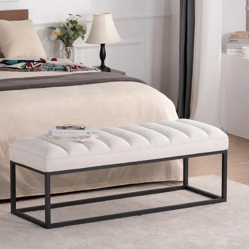Metal Base Velvet Upholstered Bench for Bedroom Entryway