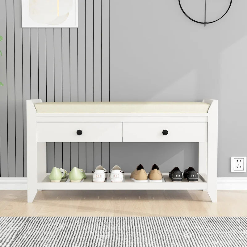Étagère à chaussures multifonction avec assise rembourrée et tiroirs