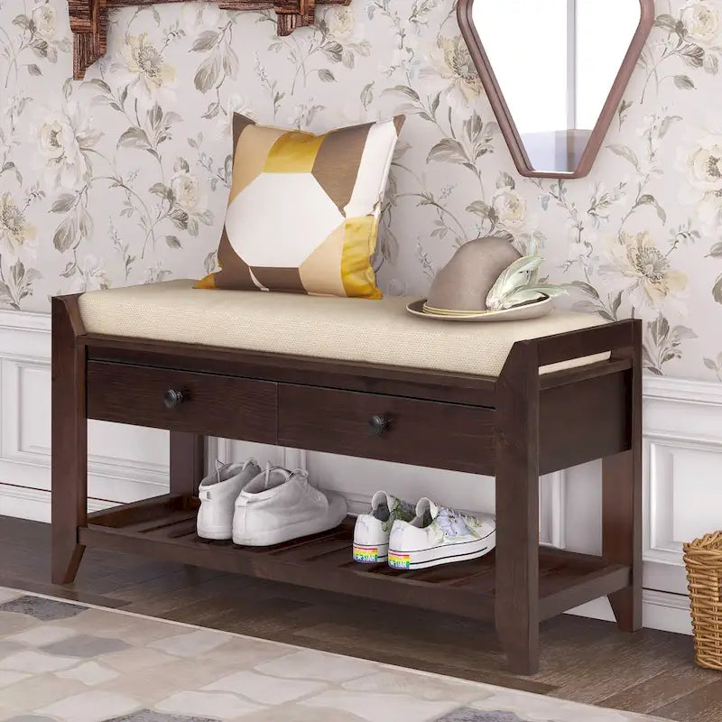 Étagère à chaussures multifonction avec assise rembourrée et tiroirs