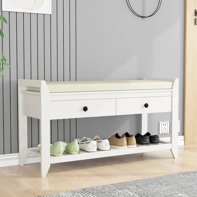 Étagère à chaussures multifonction avec assise rembourrée et tiroirs