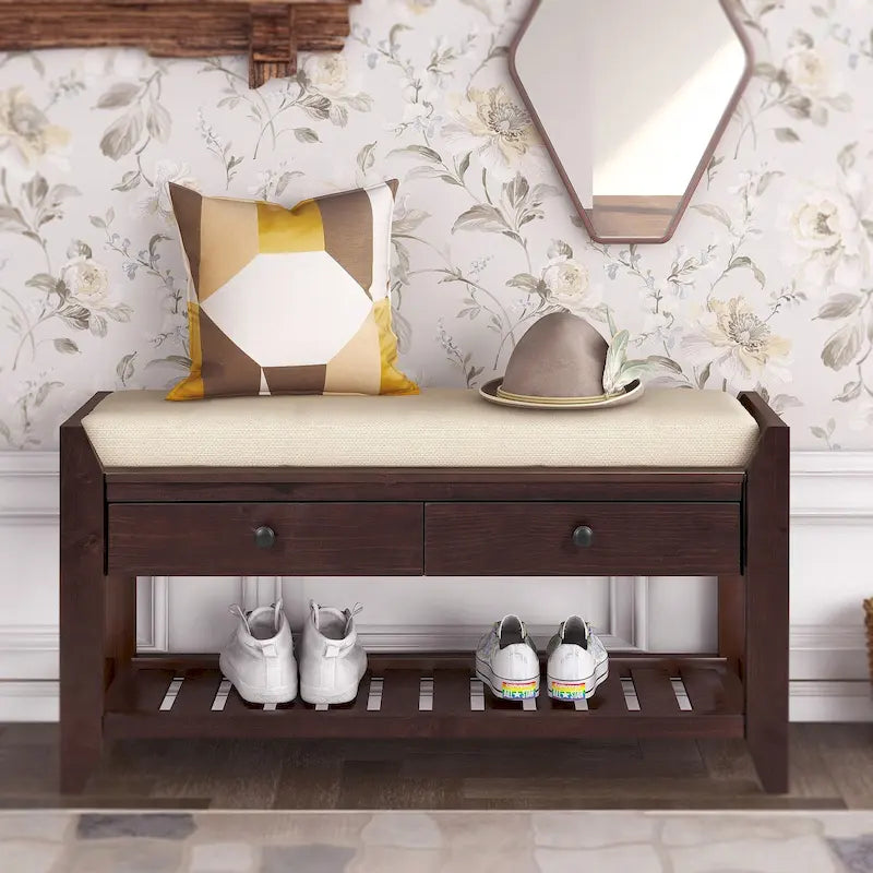 Meuble d'entrée 43" avec banc de rangement, étagère à chaussures, siège capitonné et tiroirs
