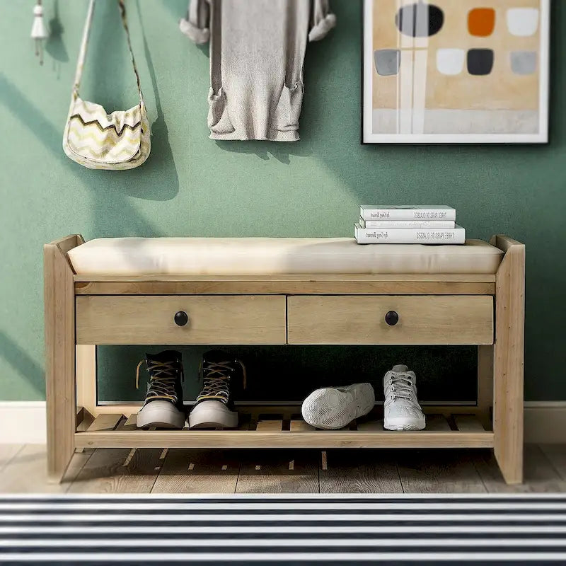 Meuble d'entrée 43" avec banc de rangement, étagère à chaussures, siège capitonné et tiroirs