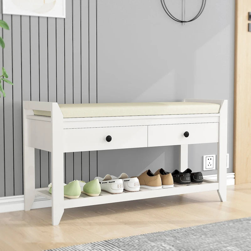 43 Entryway Storage Bench Shoe Rack with Cushioned Seat and Drawers