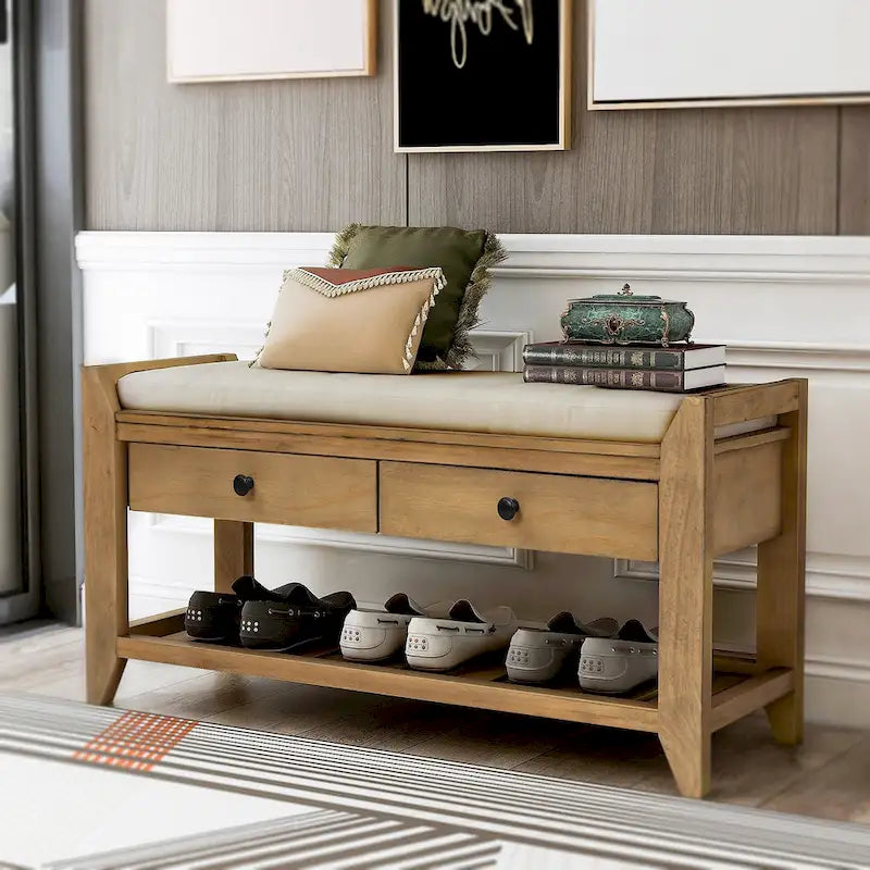 Meuble d'entrée 43" avec banc de rangement, étagère à chaussures, siège capitonné et tiroirs