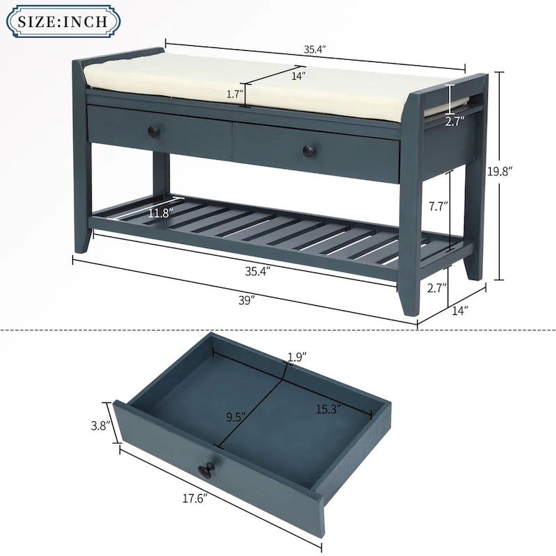 Meuble d'entrée 43" avec banc de rangement, étagère à chaussures, siège capitonné et tiroirs