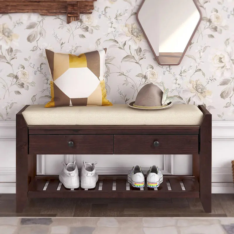 Meuble d'entrée 43" avec banc de rangement, étagère à chaussures, siège capitonné et tiroirs