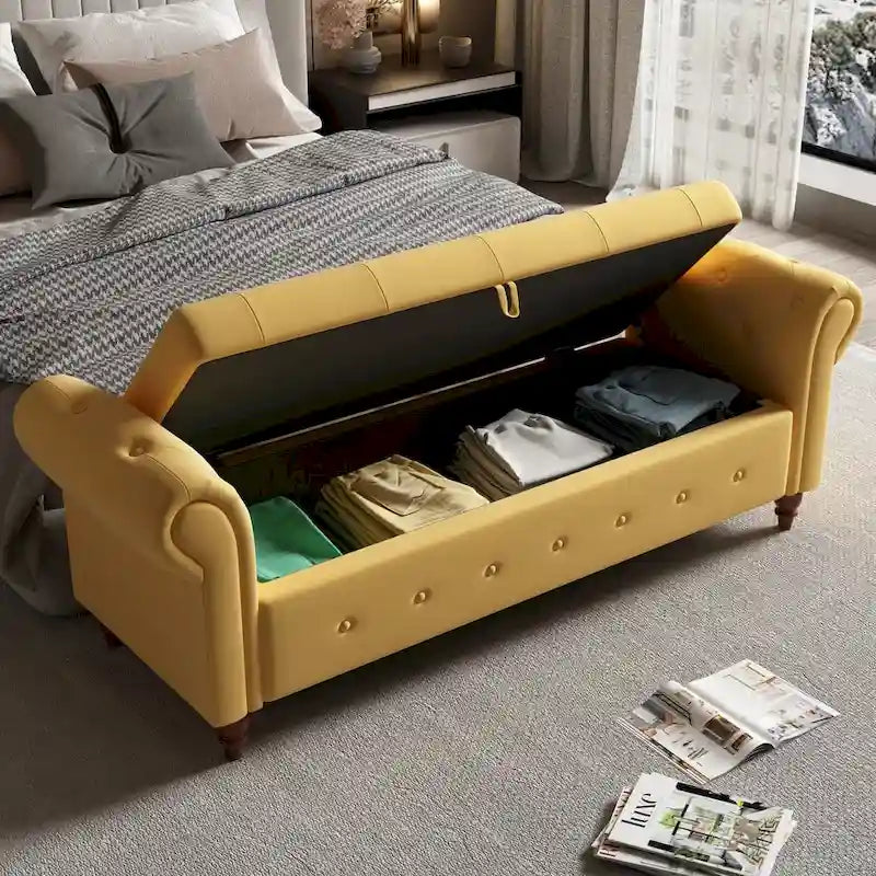 Banc de rangement de lit en tissu jaune de 160 cm de long
