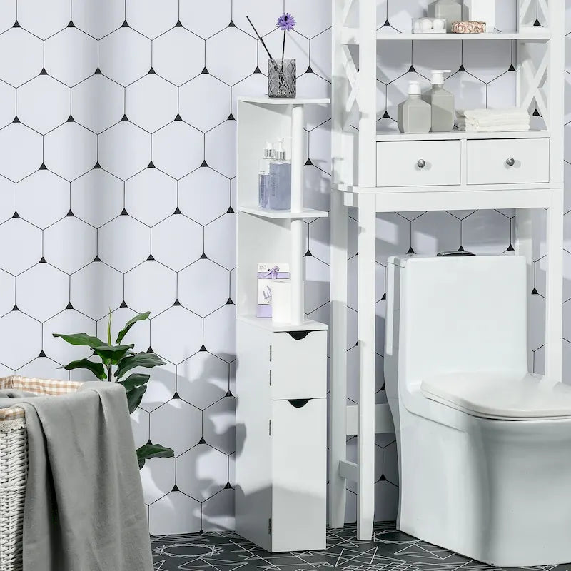 Meuble de Rangement Haut de Salle de Bain avec 2 Étagères Ouvertes et 2 Portes, Colonne de Rangement sur Pied