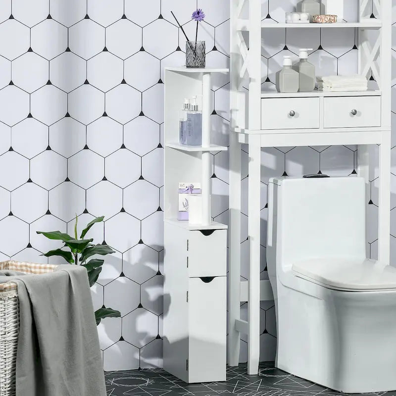 Meuble de Rangement Haut de Salle de Bain avec 2 Étagères Ouvertes et 2 Portes, Colonne de Rangement sur Pied