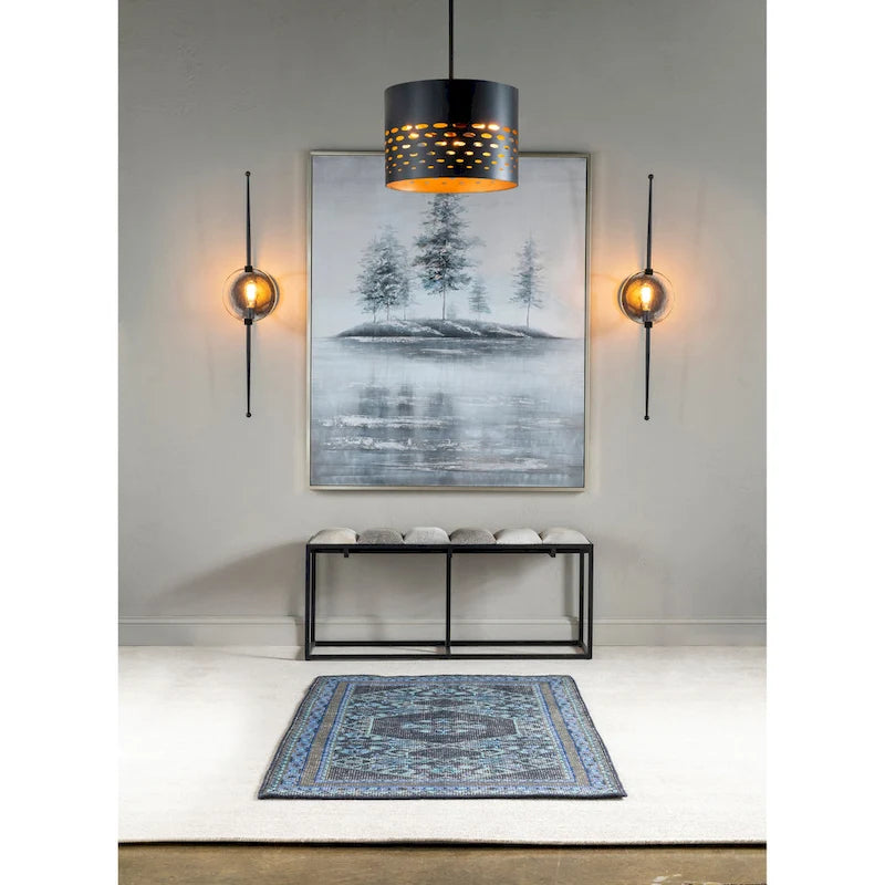 Verga 50W Black Iron, Grey Faux Hair & Leather Patch Bench - 50 x 14 x 22