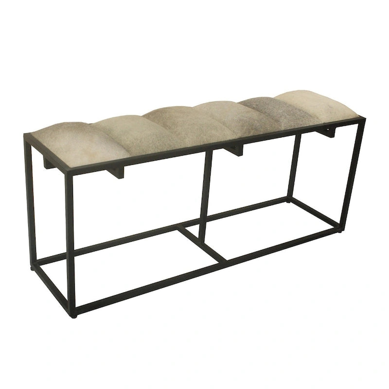Banc en fer noir 50 W, avec fausse fourrure et écusson en cuir gris – 50 x 14 x 22