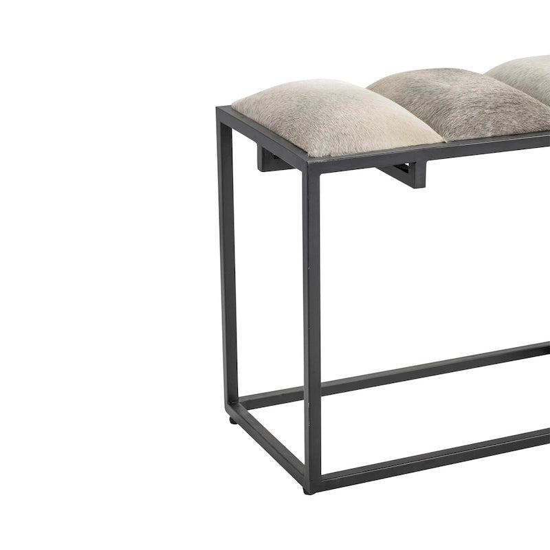 Banc en fer noir 50 W, avec fausse fourrure et écusson en cuir gris – 50 x 14 x 22