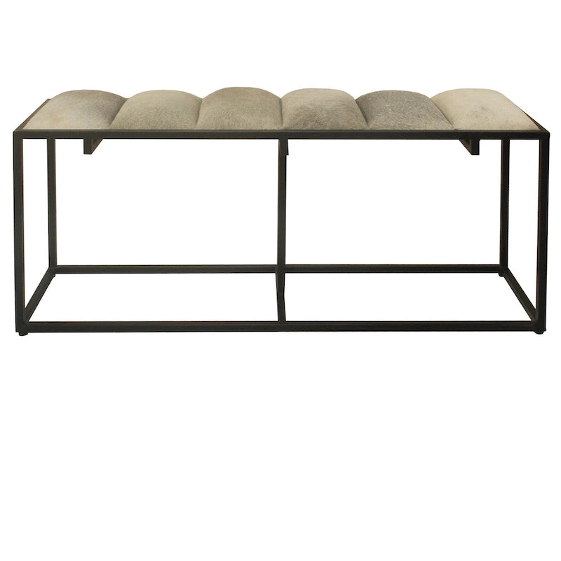 Banc en fer noir 50 W, avec fausse fourrure et écusson en cuir gris – 50 x 14 x 22