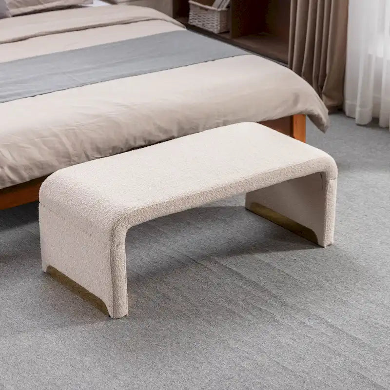 Nouveau Pouf Ottoman en Tissu Bouclé Banc de Chambre à Coucher Banc à Chaussures avec Pieds en Métal Doré