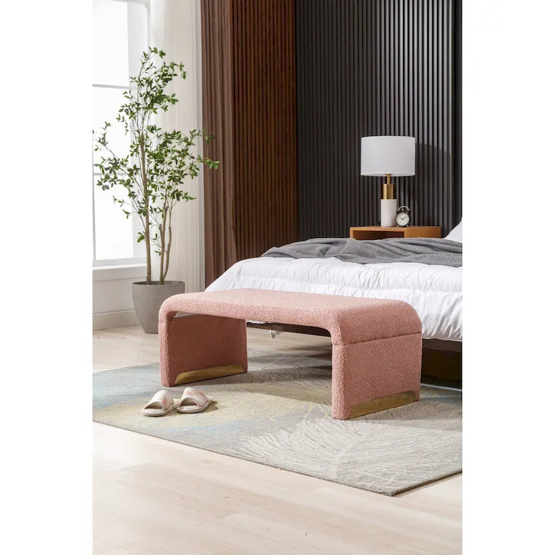 Nouveau Pouf Ottoman en Tissu Bouclé Banc de Chambre à Coucher Banc à Chaussures avec Pieds en Métal Doré