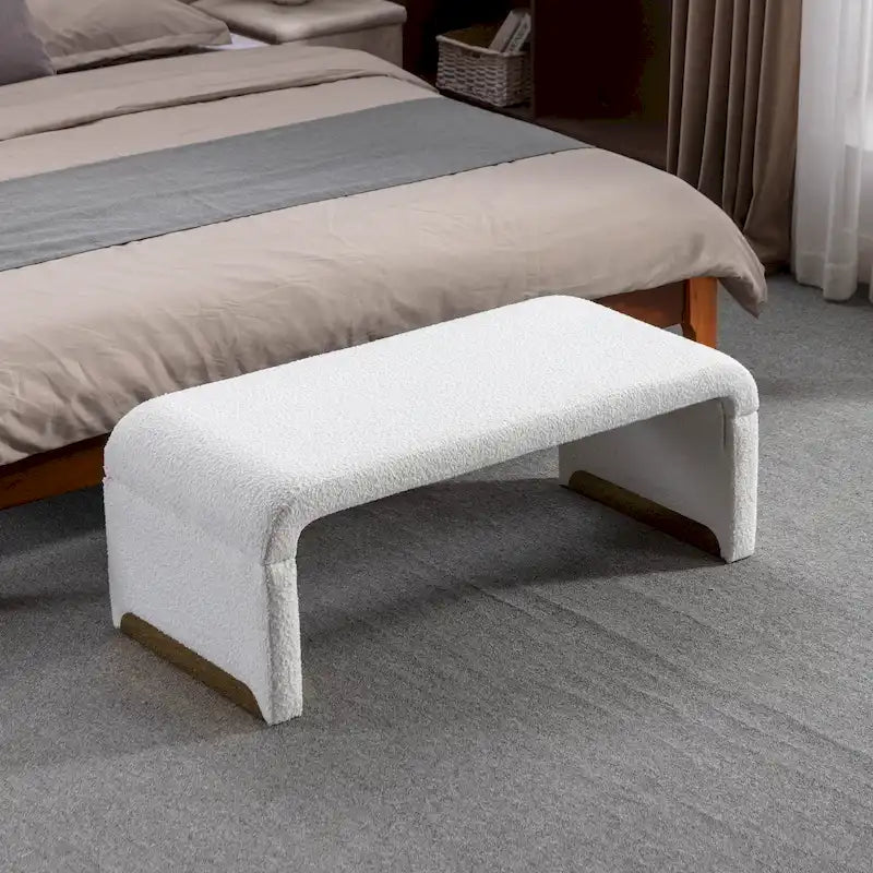 Nouveau Pouf Ottoman en Tissu Bouclé Banc de Chambre à Coucher Banc à Chaussures avec Pieds en Métal Doré