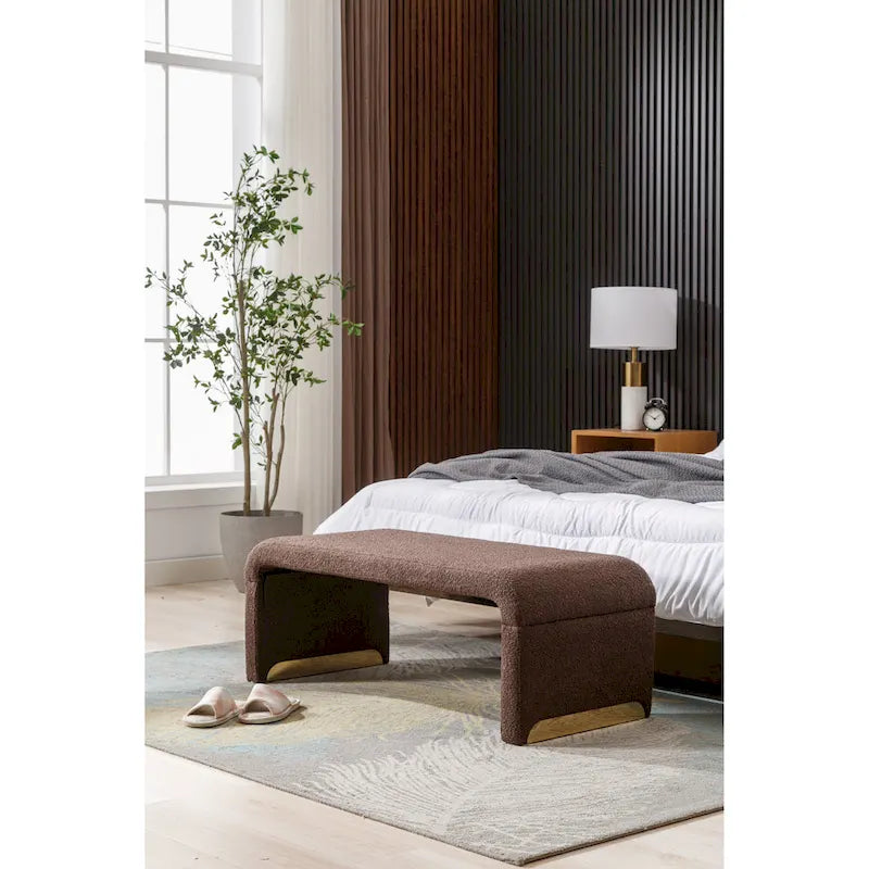 Nouveau Pouf Ottoman en Tissu Bouclé Banc de Chambre à Coucher Banc à Chaussures avec Pieds en Métal Doré