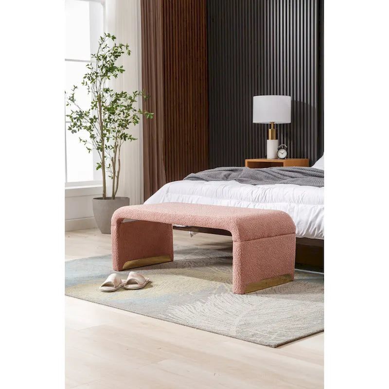 Nouveau Pouf Ottoman en Tissu Bouclé Banc de Chambre à Coucher Banc à Chaussures avec Pieds en Métal Doré