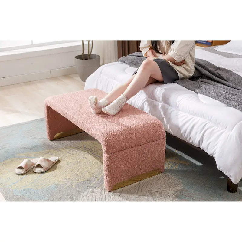 Nouveau Pouf Ottoman en Tissu Bouclé Banc de Chambre à Coucher Banc à Chaussures avec Pieds en Métal Doré