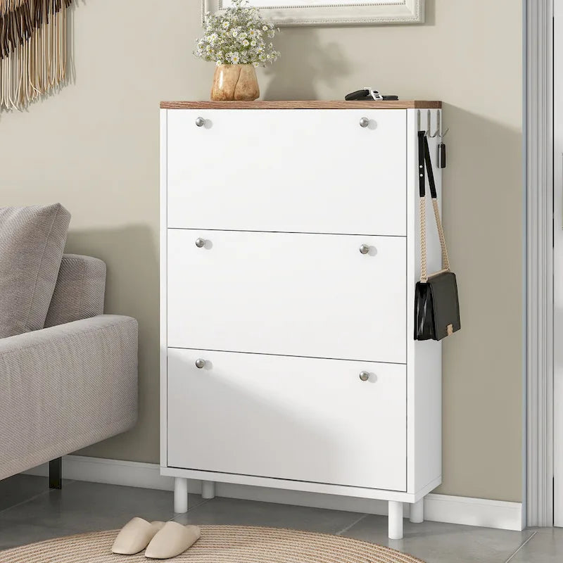 Shoe Cabinet with 3 Flip Drawers,Wood Grain Pattern with 3 Hooks,Free Standing Shoe Rack with Adjustable Panel