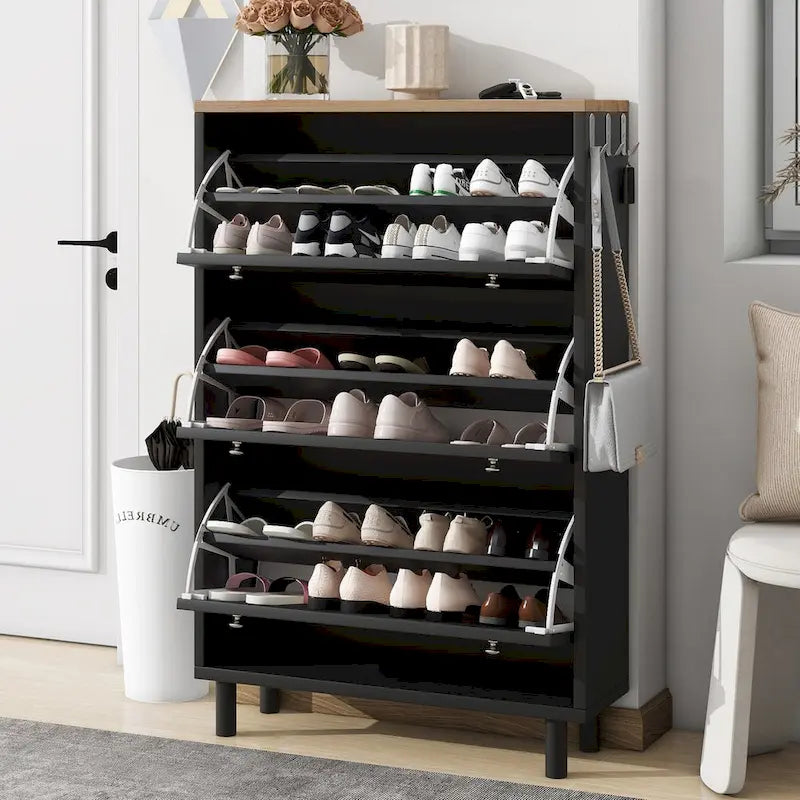 Meuble à chaussures avec 3 tiroirs basculants, motif grain de bois avec 3 crochets, étagère à chaussures autoportante avec panneau réglable