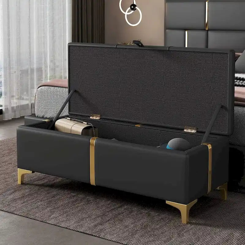 47.20 Banc de rangement rembourré en PU avec pieds métalliques entièrement assemblés