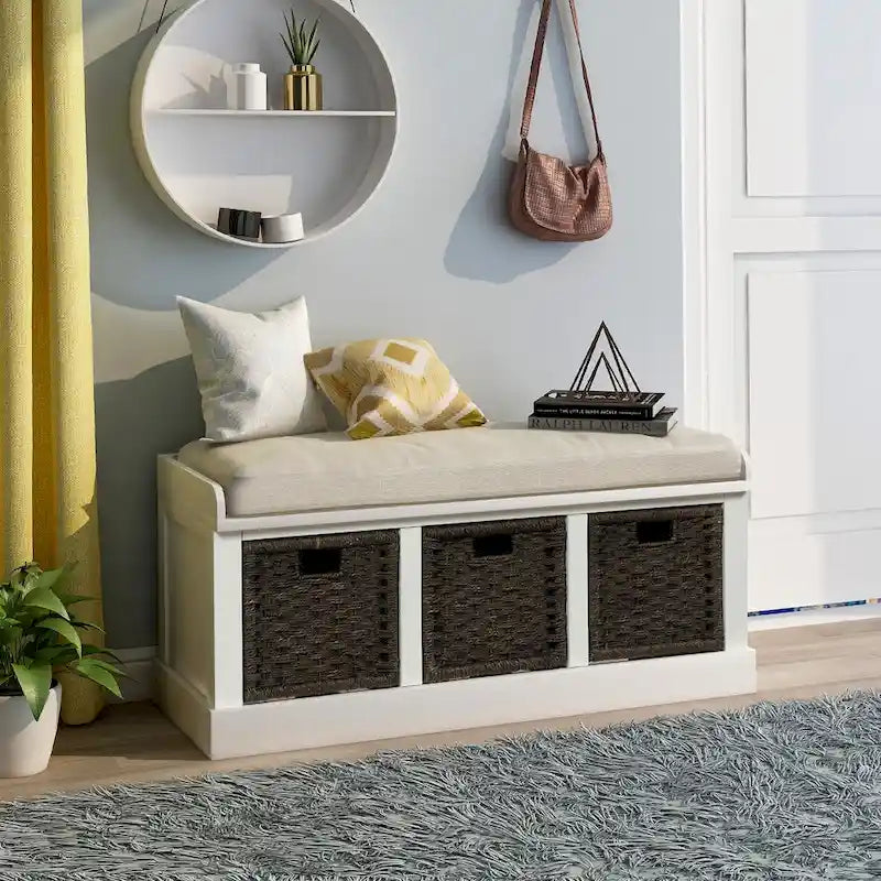 Entryway Bench with 3 Removable Rattan Baskets