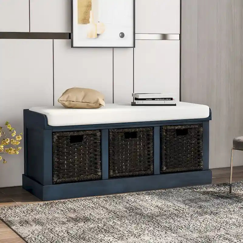 Banc d'entrée avec 3 paniers en rotin amovibles