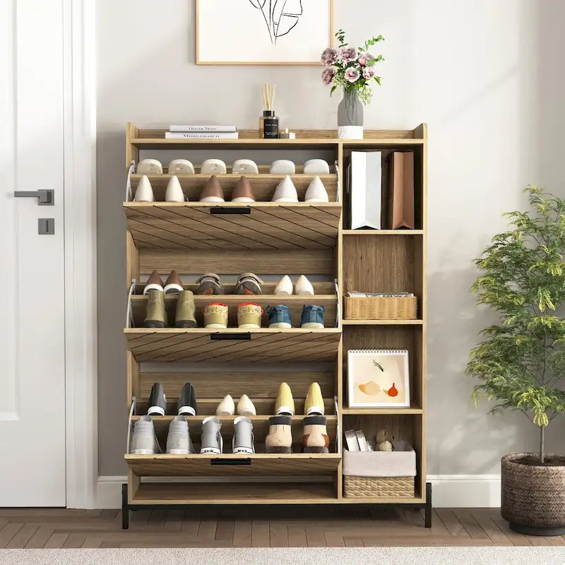 Meuble à chaussures avec 3 tiroirs basculants et étagères ouvertes, meuble de rangement de chaussures d'entrée moderne mince et étroit, range-chaussures caché