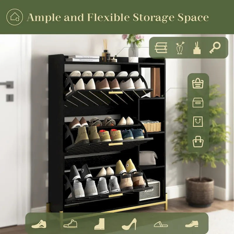 Meuble à chaussures avec 3 tiroirs basculants et étagères ouvertes, meuble de rangement de chaussures d'entrée moderne mince et étroit, range-chaussures caché