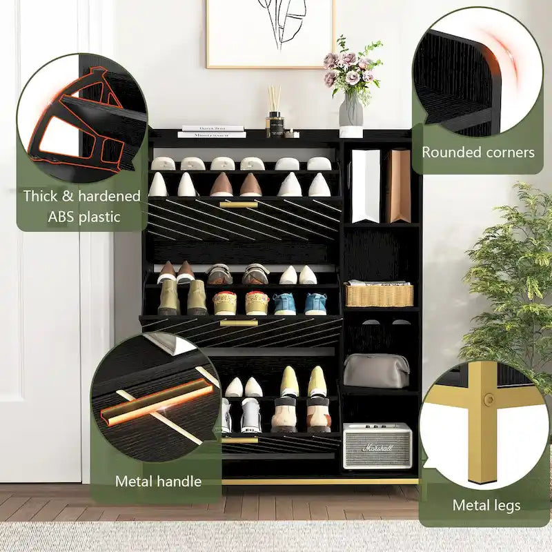 Meuble à chaussures avec 3 tiroirs basculants et étagères ouvertes, meuble de rangement de chaussures d'entrée moderne mince et étroit, range-chaussures caché