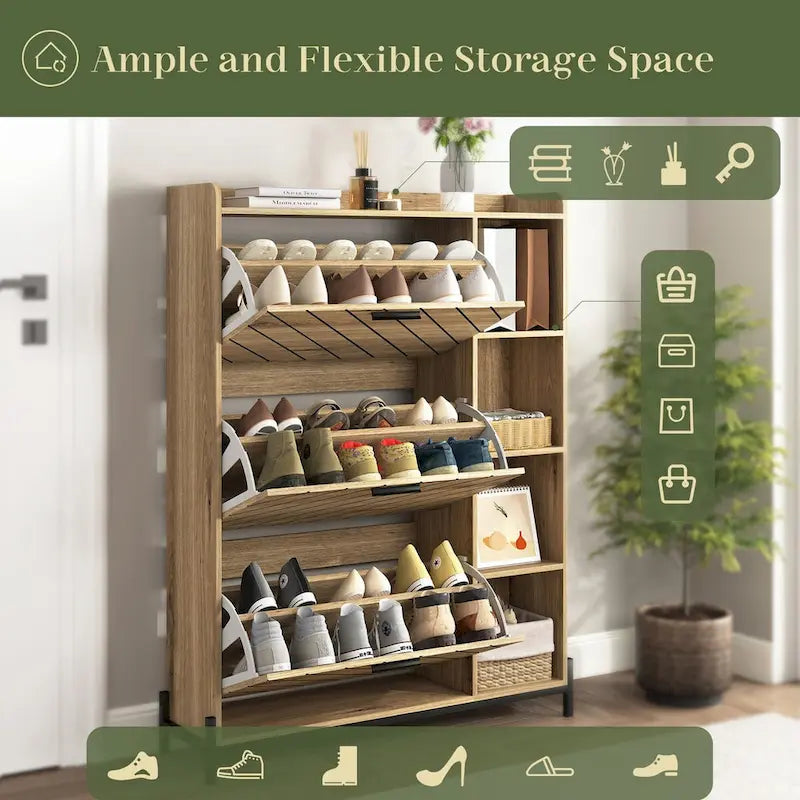 Meuble à chaussures avec 3 tiroirs basculants et étagères ouvertes, meuble de rangement de chaussures d'entrée moderne mince et étroit, range-chaussures caché