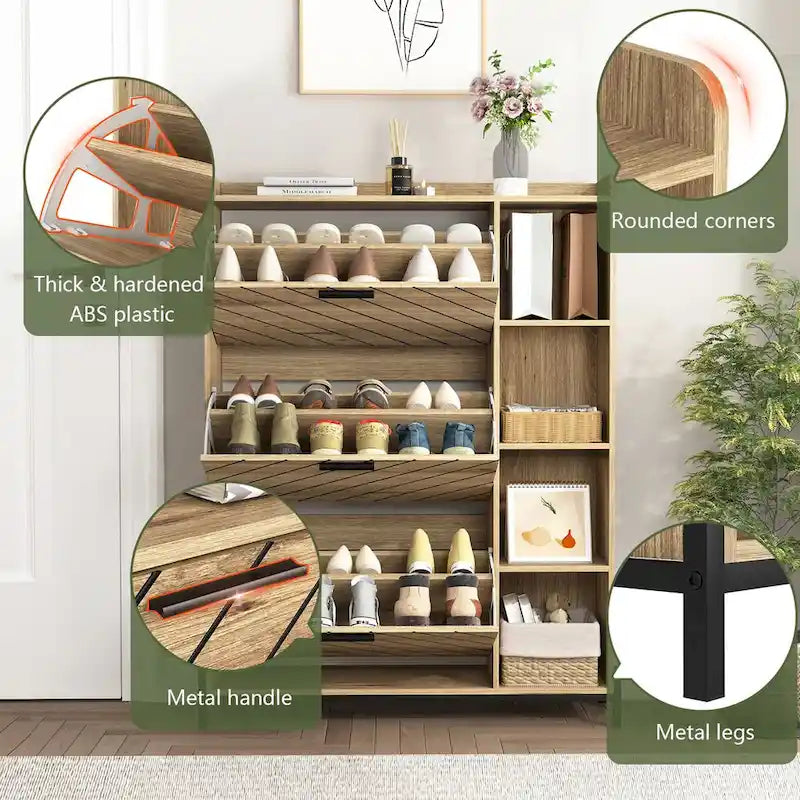 Meuble à chaussures avec 3 tiroirs basculants et étagères ouvertes, meuble de rangement de chaussures d'entrée moderne mince et étroit, range-chaussures caché