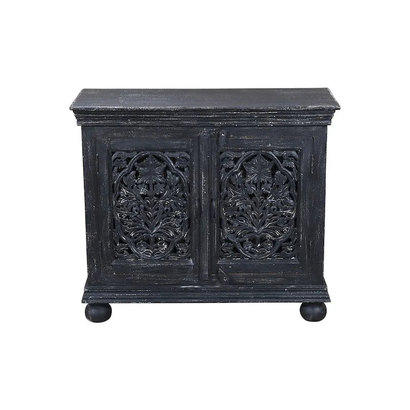 Meuble d'appoint noir sculpté à la main à 2 portes
