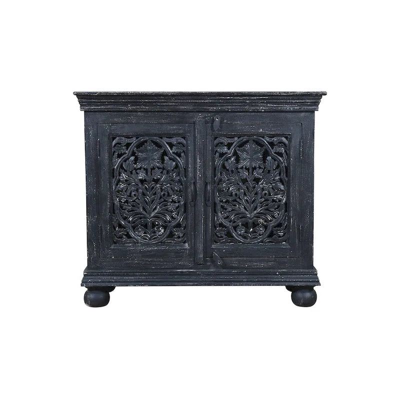 Meuble d'appoint noir sculpté à la main à 2 portes