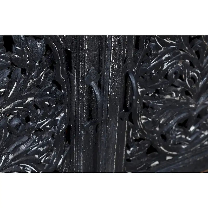 Meuble d'appoint noir sculpté à la main à 2 portes