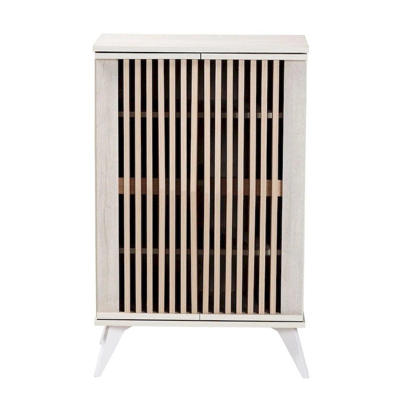 Armoire de rangement à 2 portes gris clair et bois marron de style transitionnel Mid-Century Modern